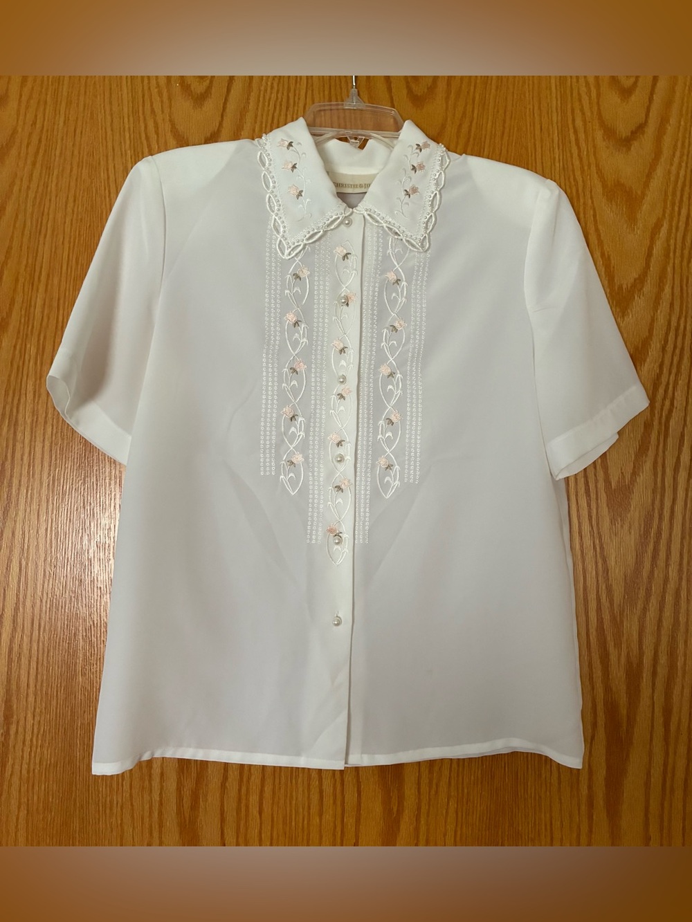 Vintage Christie & Jill Secretary Blouse, Sz. 8, White Polyester, Embroidered